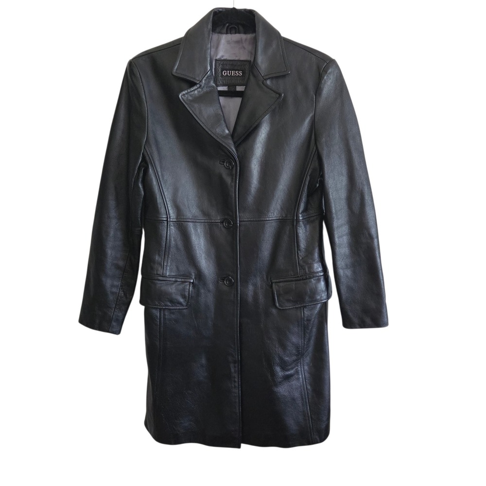Vintage Guess Coat Small Womens Black Leather Mid Length Button Jacket